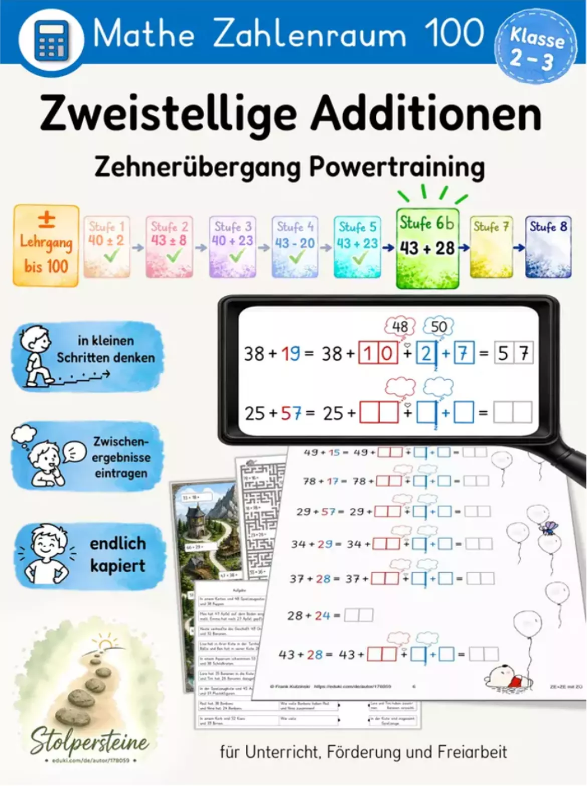 Bild in der Beschreibung des Unterrichtsmaterials Stufe 5: Aufgaben vom Typ 43+20 => 43+23 (± Lehrgang Zahlenraum 100, Stufe 5/8, ZE+ZE ohne ZÜ) von Stolpersteine #6