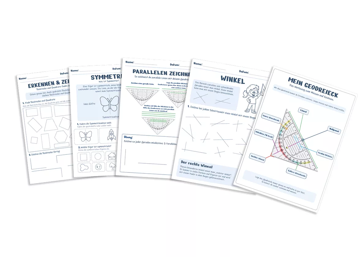 Bild in der Beschreibung des Unterrichtsmaterials Geometrie Übungsheft Klasse 3/4 | Geodreieck, Strecken, rechter Winkel, Symmetrie, Parallele von TeachingRocket #1