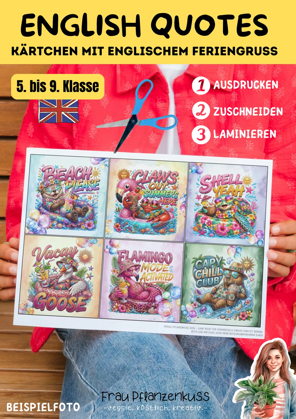 Bild in der Beschreibung des Unterrichtsmaterials Feriengruß Karten mit englischen Sprüchen | Klasse 5 bis 9 | Lustig mit Tiermotiven von Frau Pflanzenkuss #2