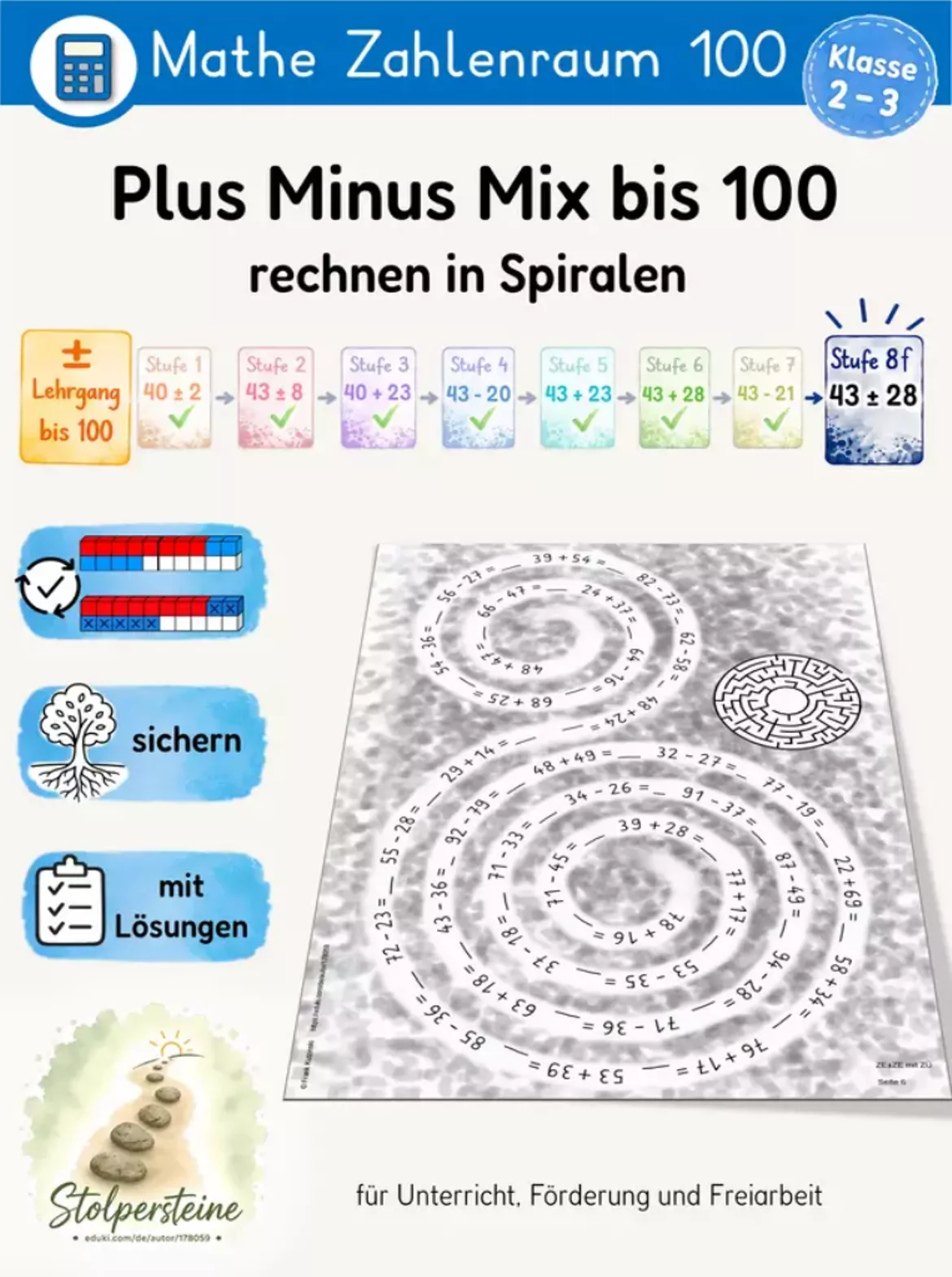 Bild in der Beschreibung des Unterrichtsmaterials Plus Minus Mix bis 100 Kreuzzahlrätsel (± Lehrgang bis 100, Stufe 8e/8) ZE ± ZE von Stolpersteine #3