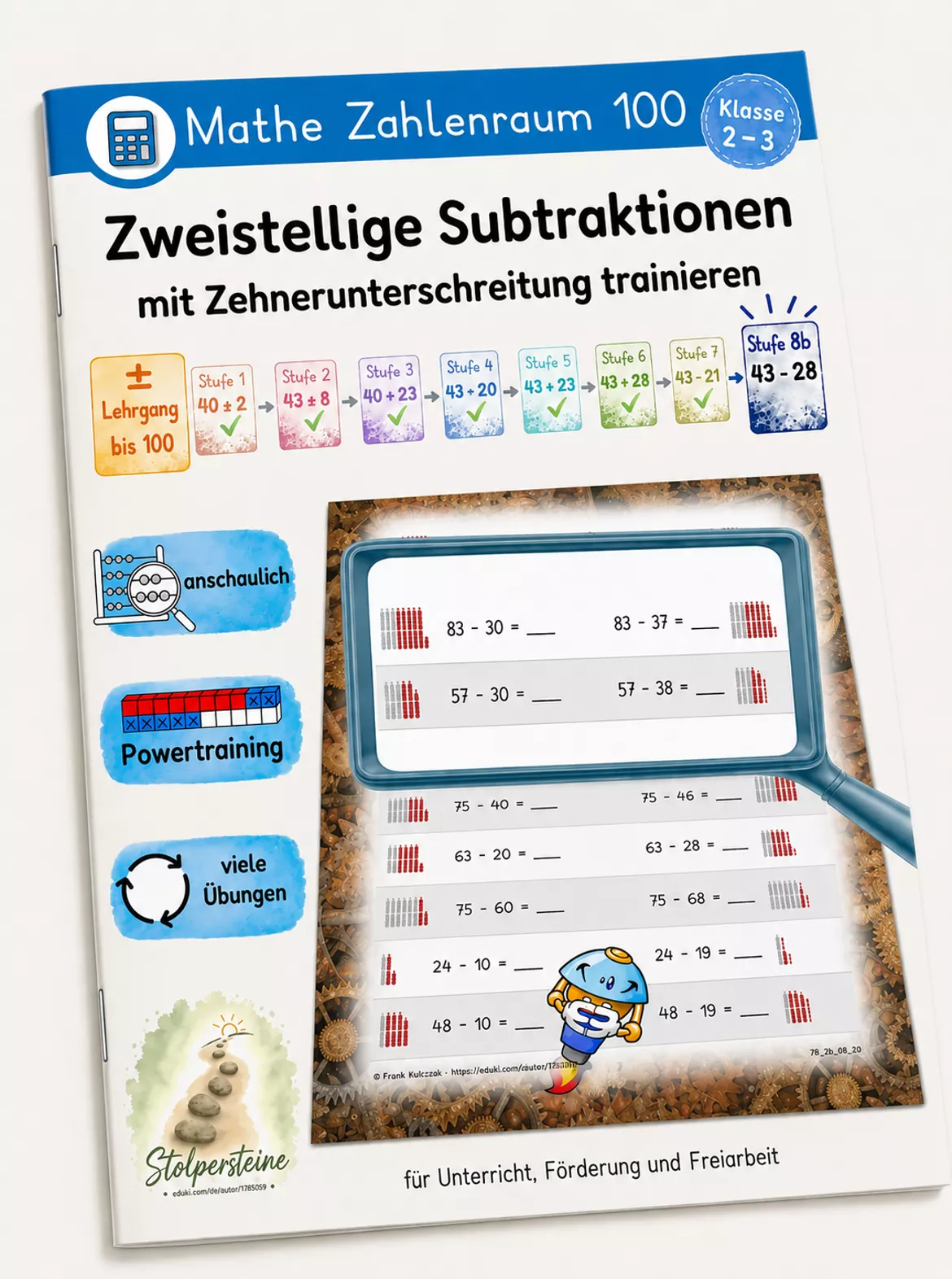 Bild in der Beschreibung des Unterrichtsmaterials Zweistellige Subtraktionen mit Zehnerunterschreitung trainieren (± Lehrgang bis 100, Stufe 8b/8, ZE-ZE mit ZU) von Stolpersteine #6