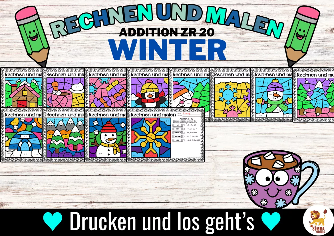 Bild in der Beschreibung des Unterrichtsmaterials Rechen-Mal-Blätter - Addition bis 20 (Winter) Hiver Additions Mathématiques Allemand von SIMBA Trainers Education #3