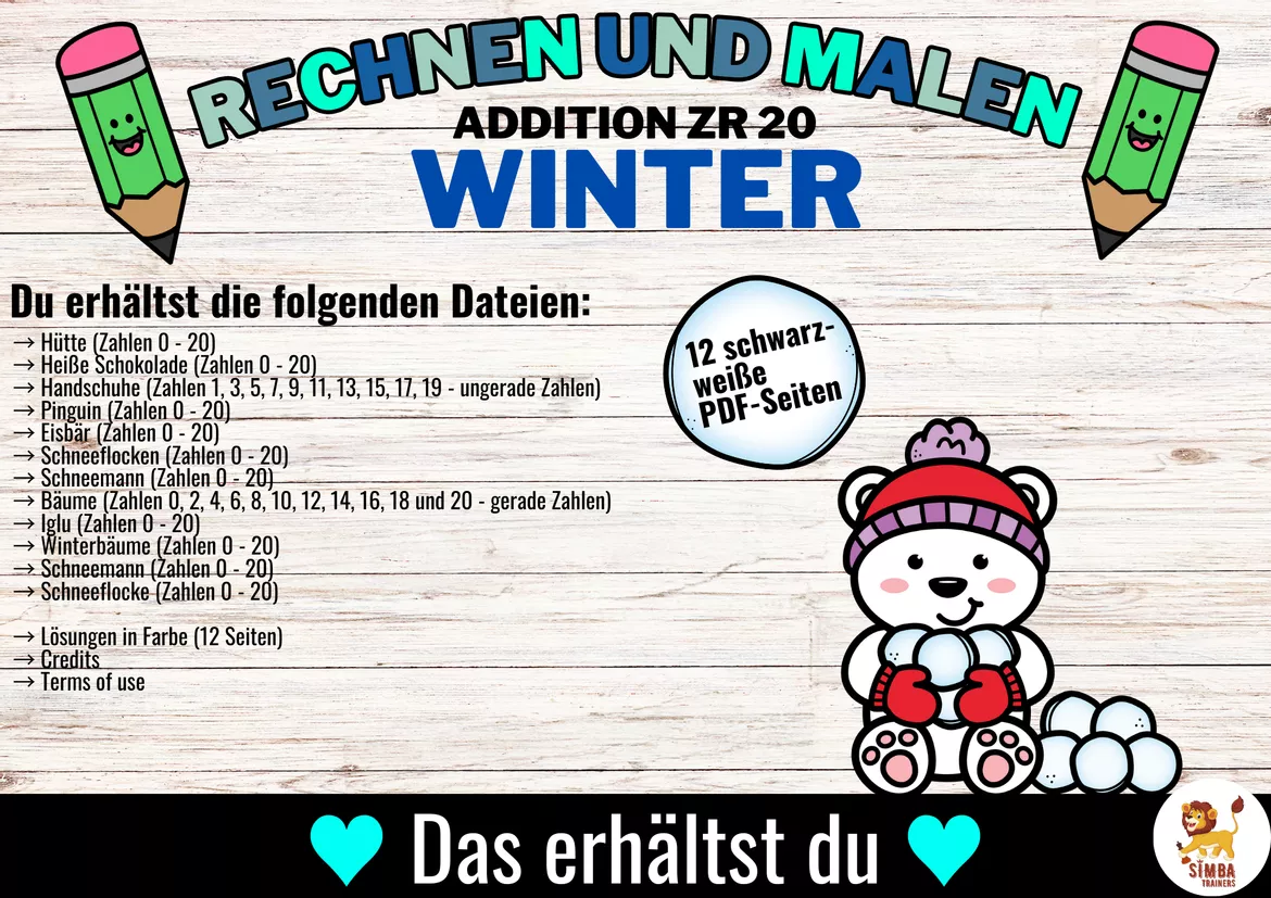 Bild in der Beschreibung des Unterrichtsmaterials Rechen-Mal-Blätter - Addition bis 20 (Winter) Hiver Additions Mathématiques Allemand von SIMBA Trainers Education #1