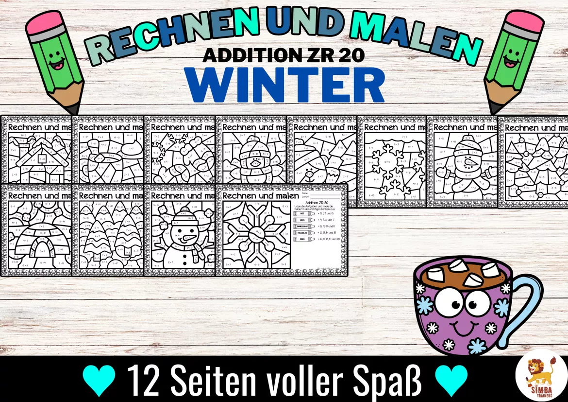 Bild in der Beschreibung des Unterrichtsmaterials Rechen-Mal-Blätter - Addition bis 20 (Winter) Hiver Additions Mathématiques Allemand von SIMBA Trainers Education #2