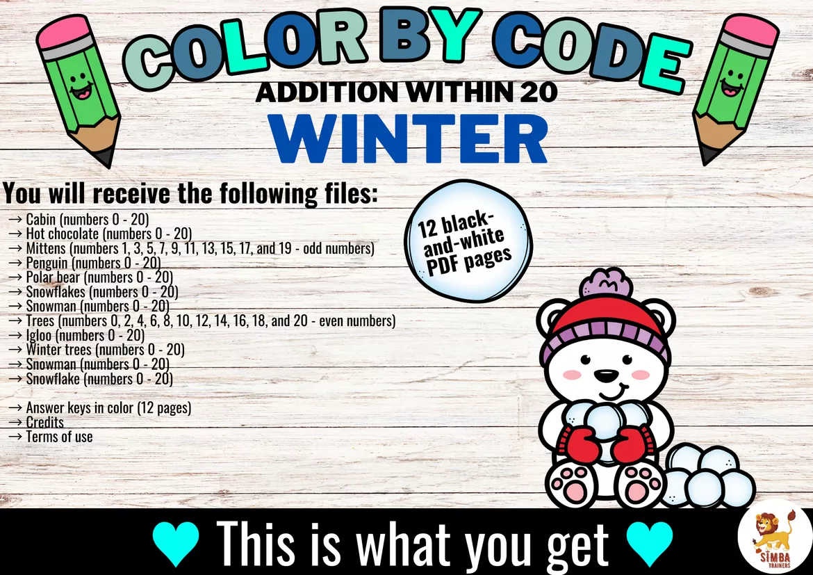 Bild in der Beschreibung des Unterrichtsmaterials Color by code - Addition within 20 (Winter) Hiver Additions Mathématiques Anglais von SIMBA Trainers Education #1