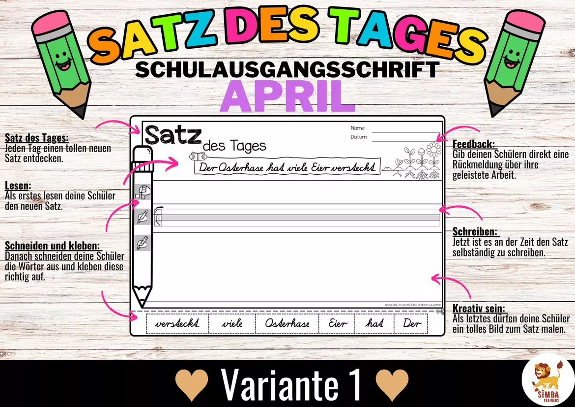 Bild in der Beschreibung des Unterrichtsmaterials Sätze schreiben / Satz des Tages / Schüttelsätze (Schulausgangsschrift) schreiben April Ostern Frühling Aprile Pasqua Primavera Tedesco von SIMBA Trainers Education #1