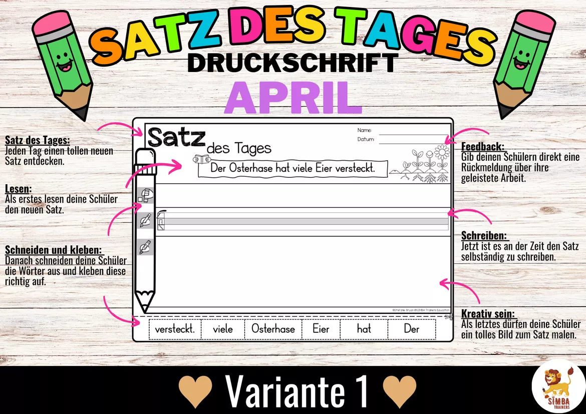 Bild in der Beschreibung des Unterrichtsmaterials Sätze schreiben / Satz des Tages / Schüttelsätze (Druckschrift) schreiben April Ostern Frühling Abril Pascua Primavera Alemán von SIMBA Trainers Education #1