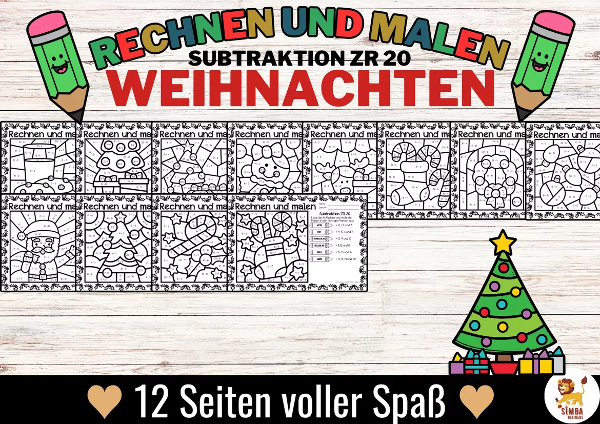 Bild in der Beschreibung des Unterrichtsmaterials Rechen-Mal-Blätter - Subtraktion ZR 20 (Weihnachten) Navidad Sumas y restas Matemáticas Alemán von SIMBA Trainers Education #2