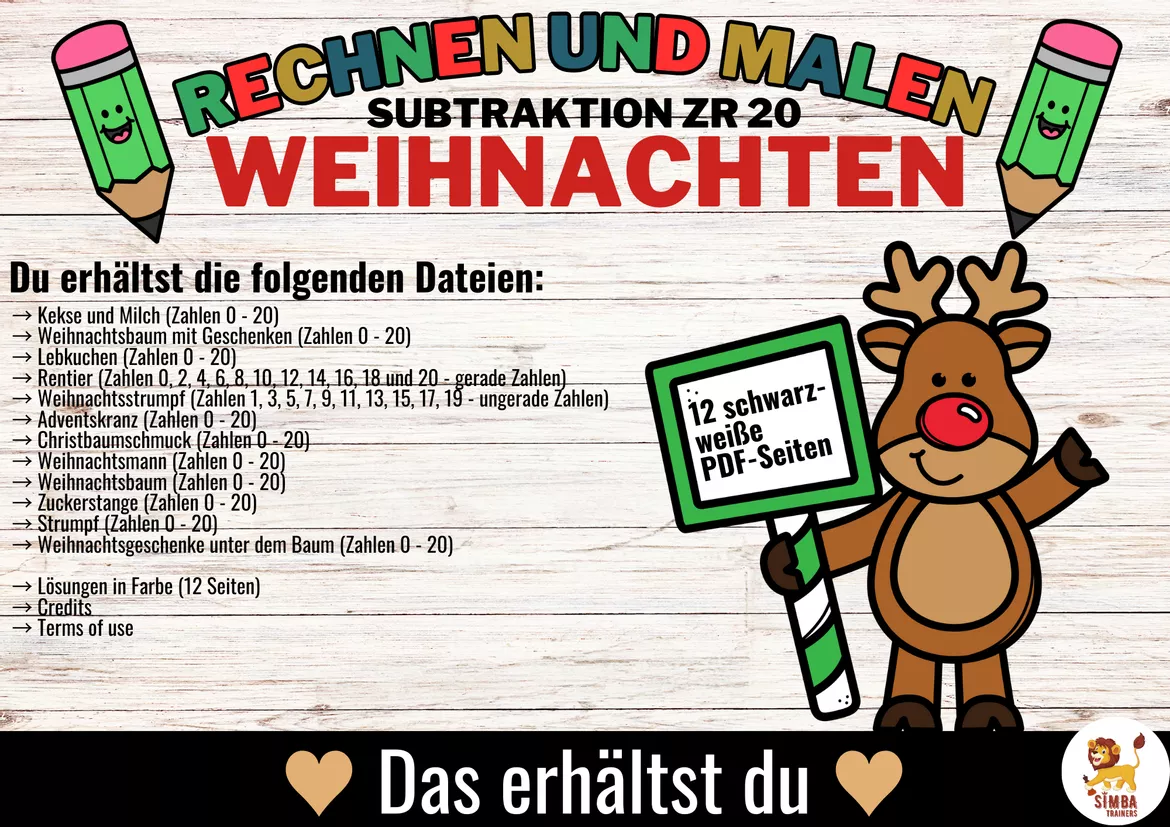 Bild in der Beschreibung des Unterrichtsmaterials Rechen-Mal-Blätter - Subtraktion ZR 20 (Weihnachten) Navidad Sumas y restas Matemáticas Alemán von SIMBA Trainers Education #1