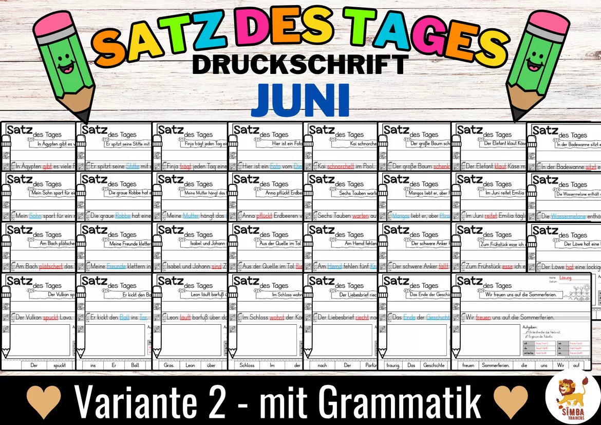 Bild in der Beschreibung des Unterrichtsmaterials Sätze schreiben / Satz des Tages / Schüttelsätze (Druckschrift) schreiben Frühling Sommer Juni Alemán von SIMBA Trainers Education #5