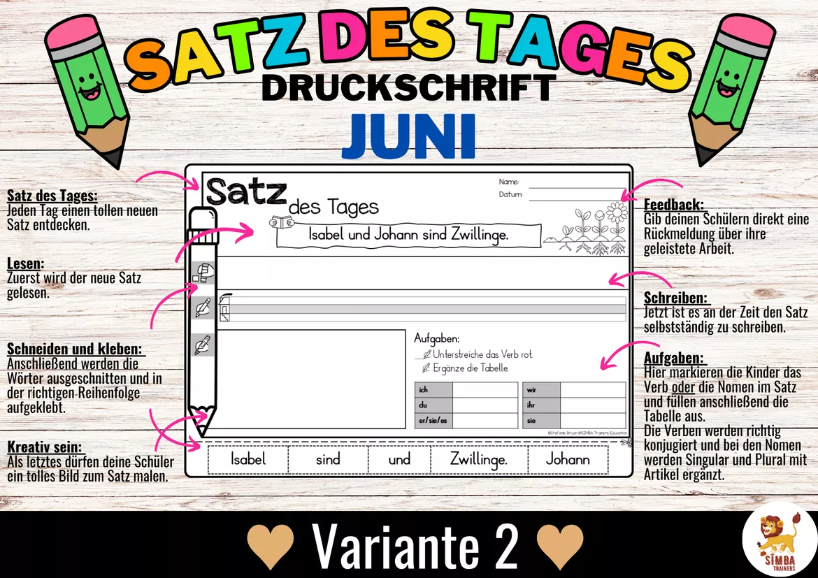 Bild in der Beschreibung des Unterrichtsmaterials Sätze schreiben / Satz des Tages / Schüttelsätze (Druckschrift) schreiben Frühling Sommer Juni Alemán von SIMBA Trainers Education #2