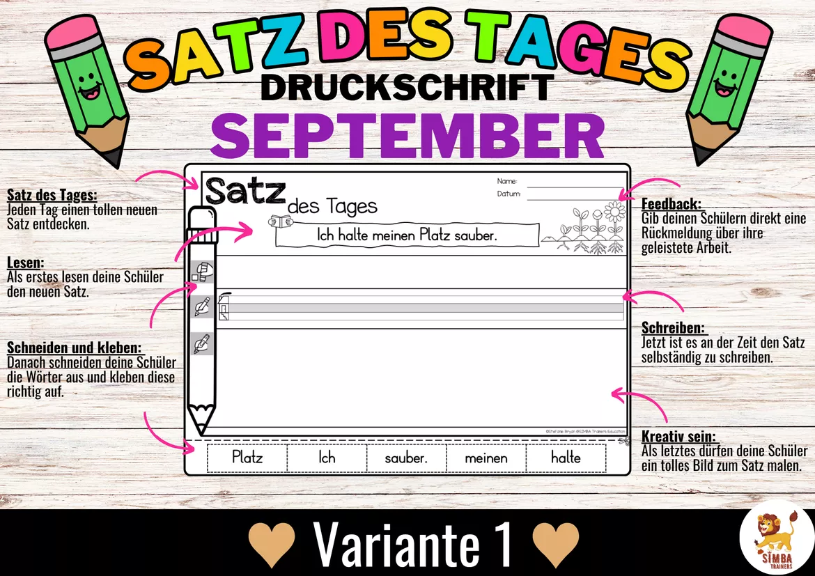 Bild in der Beschreibung des Unterrichtsmaterials Sätze schreiben / Satz des Tages / Schüttelsätze (Druckschrift) schreiben Herbst Back to school Schulstart September Alemán von SIMBA Trainers Education #1