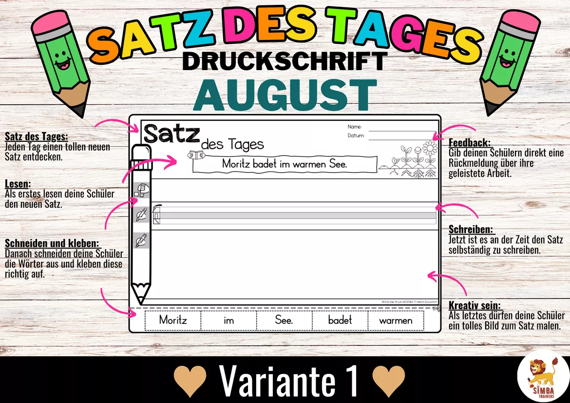 Bild in der Beschreibung des Unterrichtsmaterials Sätze schreiben / Satz des Tages / Schüttelsätze (Druckschrift) schreiben Sommer Sommerferien Back to school Schulstart August Alemán von SIMBA Trainers Education #1