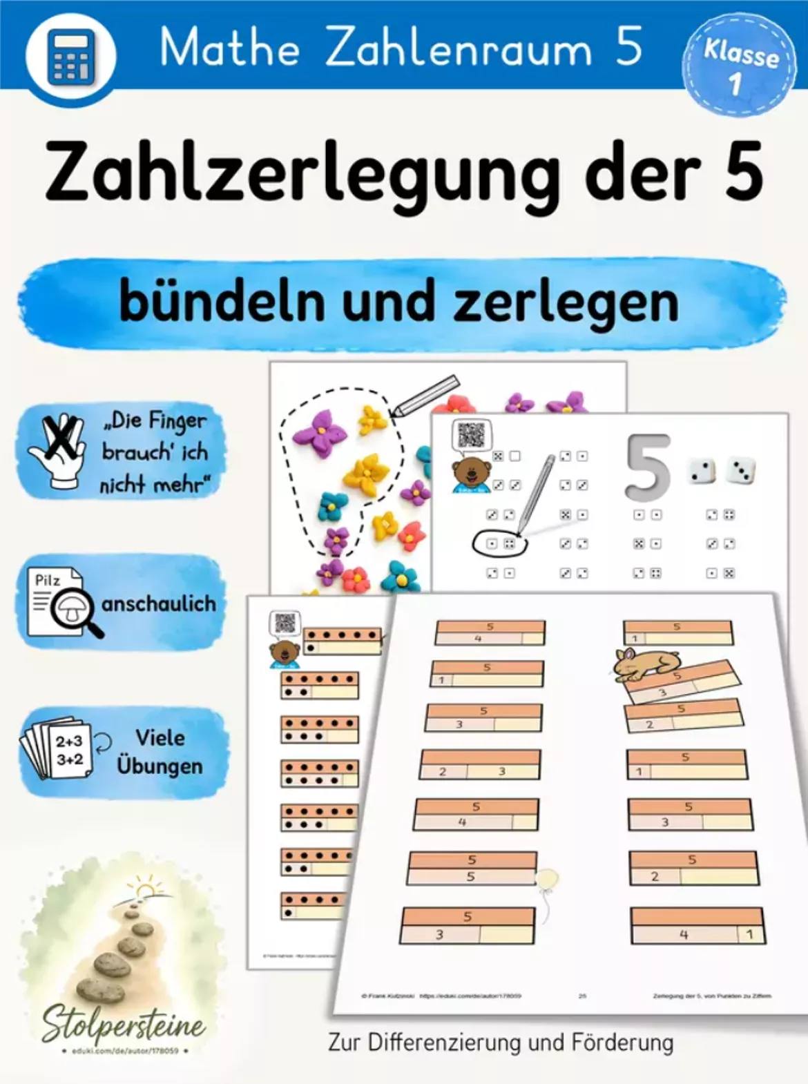 Bild in der Beschreibung des Unterrichtsmaterials Rechnen bis 5 mit Abzählen und Zerlegen, Hinführung zur mathematischen Schreibweise von Stolpersteine #3