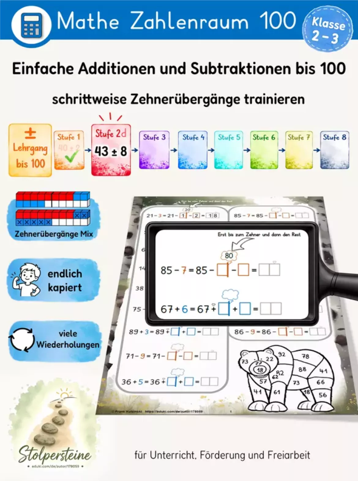 Bild in der Beschreibung des Unterrichtsmaterials 5 min. Klassen-Screening, Zehnerübergänge ZE ± E (53 ± 9) (Förderdiagnostik) von Stolpersteine #2