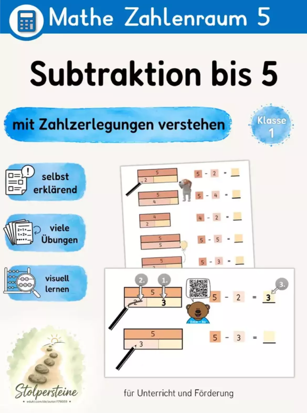 Bild in der Beschreibung des Unterrichtsmaterials Addition bis 5, mit proportionalen Zahlzerlegungen rechnen von Stolpersteine #4