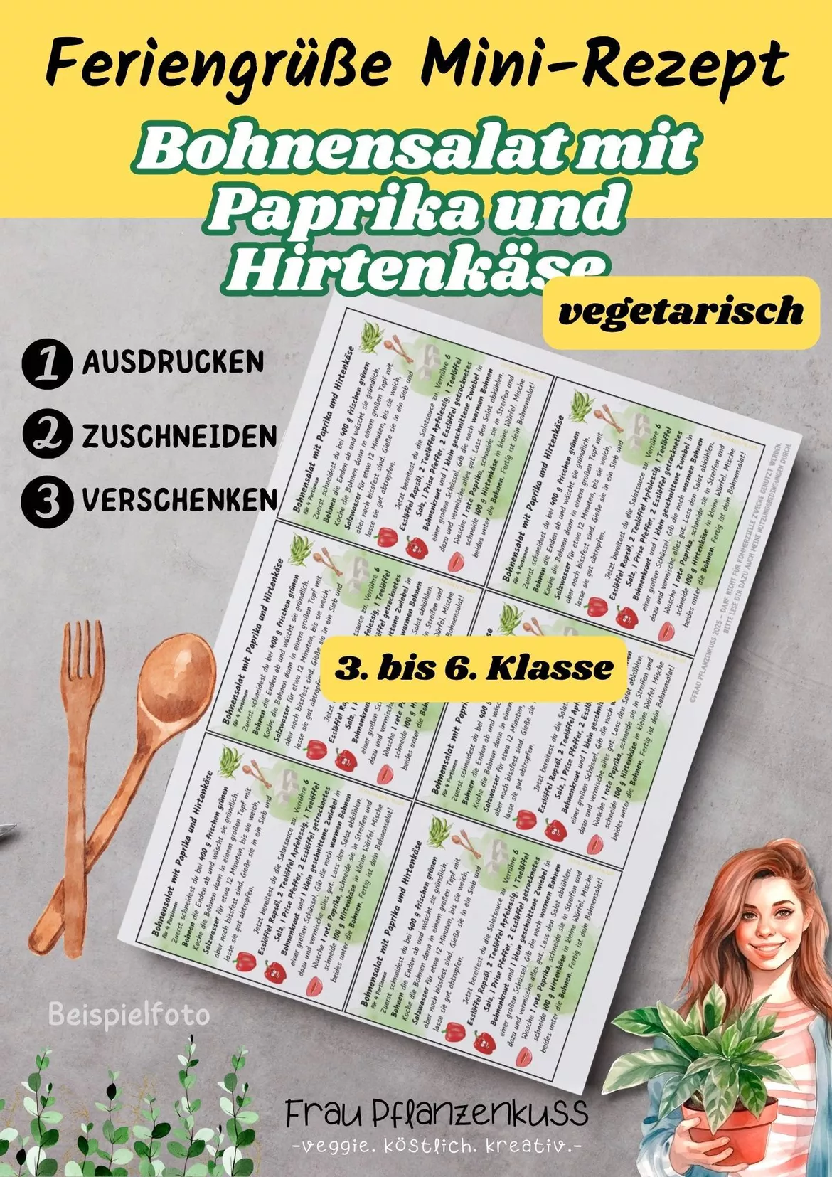 Bild in der Beschreibung des Unterrichtsmaterials Bohnensalat mit Paprika & Hirtenkäse | Mini-Rezeptkarte | vegetarisch | Feriengruß | Klasse 3–6 von Frau Pflanzenkuss #1
