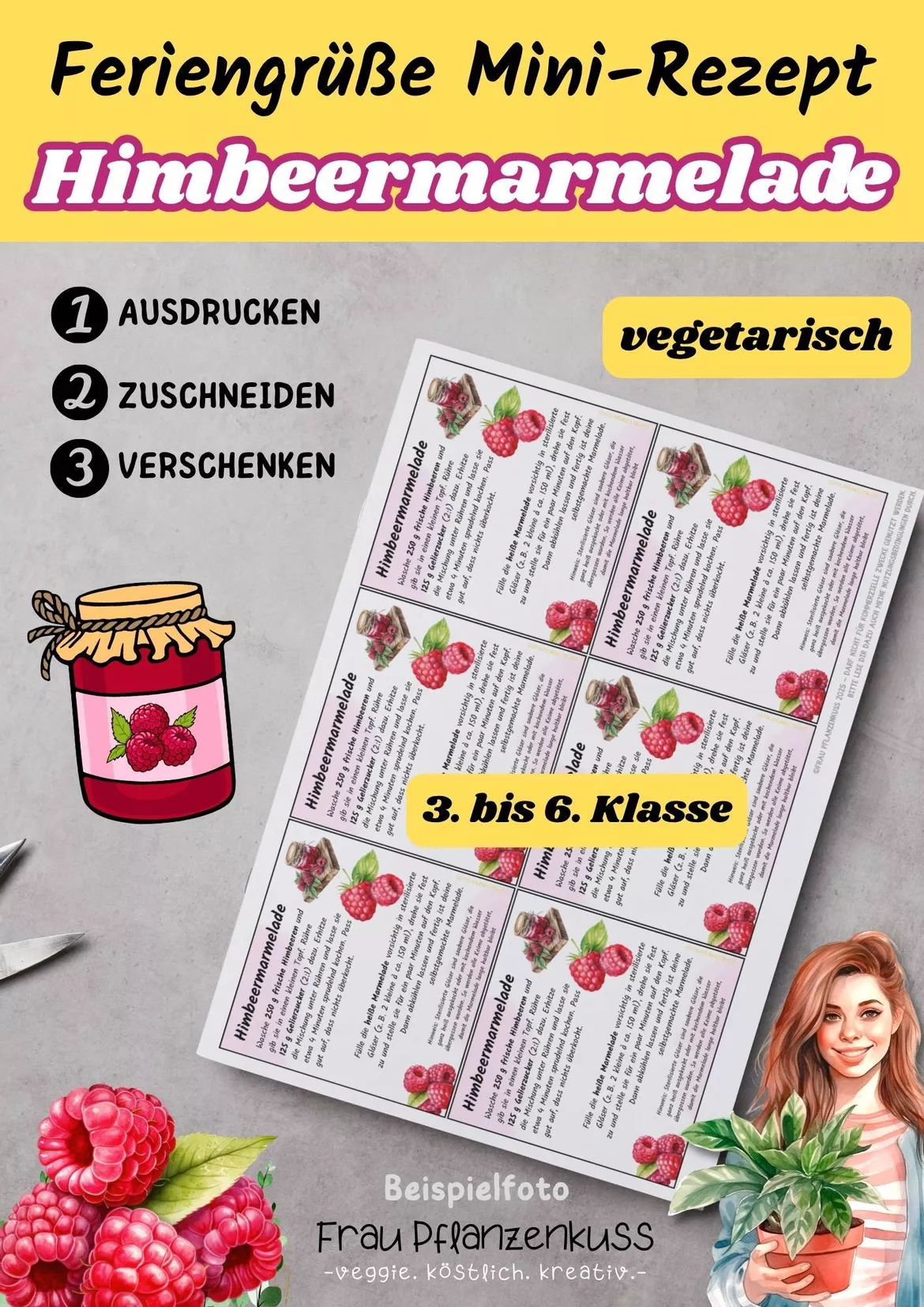 Bild in der Beschreibung des Unterrichtsmaterials Himbeermarmelade | Mini-Rezeptkarte | vegetarisch | Feriengruß | Klasse 3–6 von Frau Pflanzenkuss #1