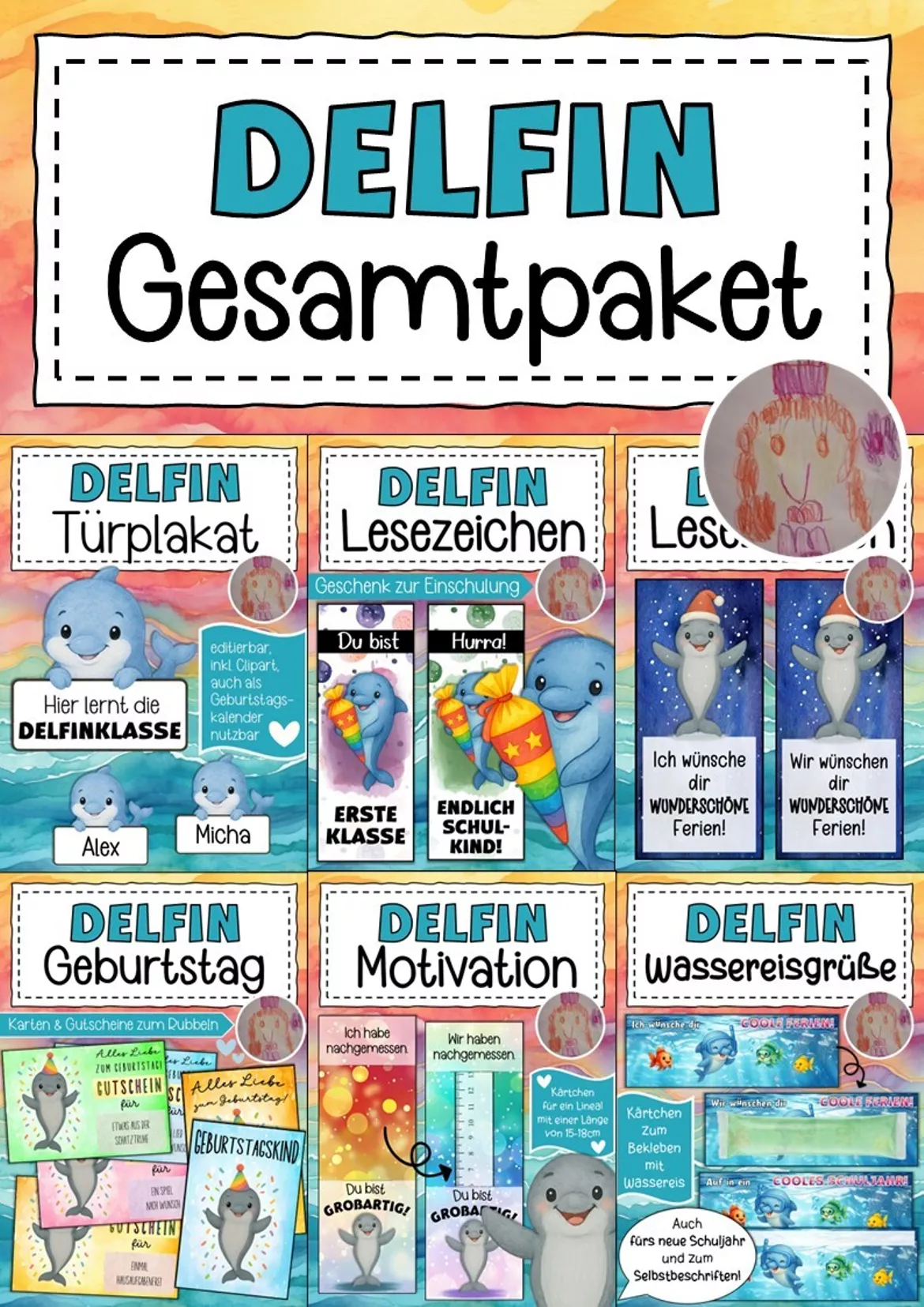 Bild in der Beschreibung des Unterrichtsmaterials Willkommensgruß Klassentier Delfin Regenbogen von Abenteuer Grundschule #1