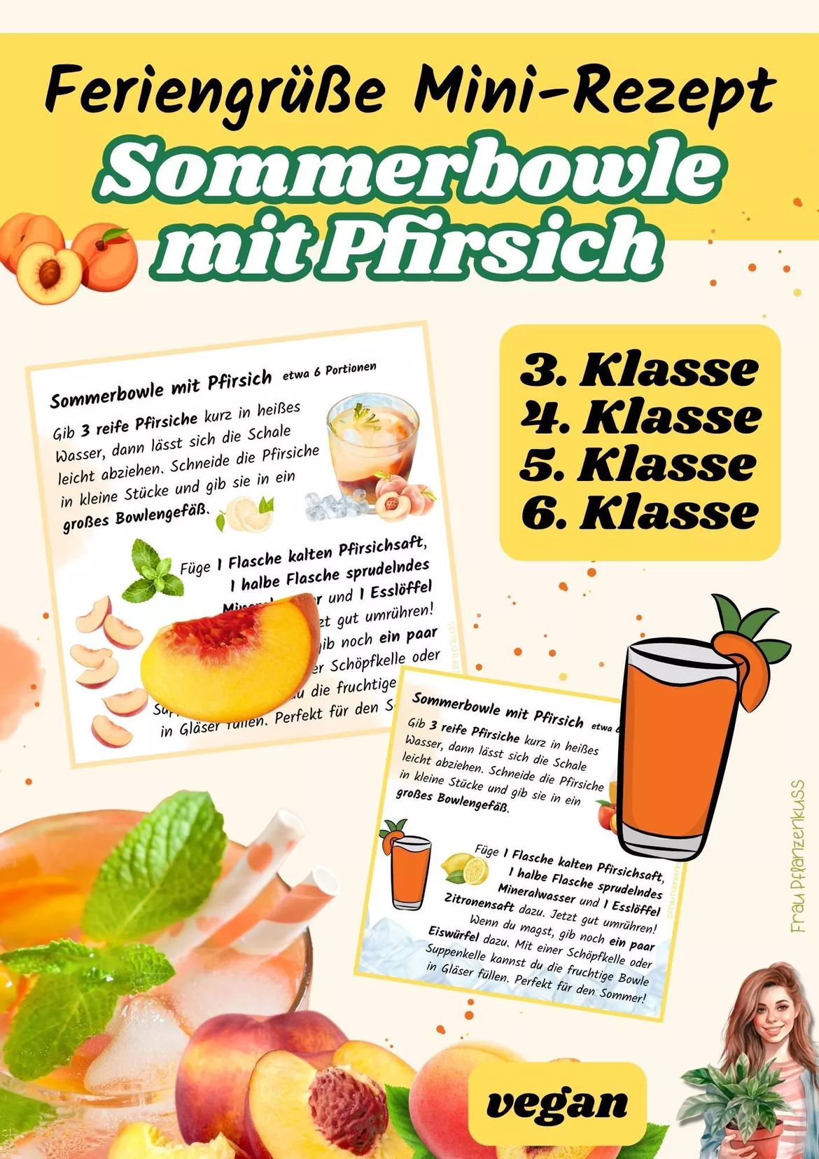 Bild in der Beschreibung des Unterrichtsmaterials Sommerbowle mit Pfirsich | Mini-Rezeptkarte | vegan | Feriengruß | Klasse 3–6 von Frau Pflanzenkuss #2