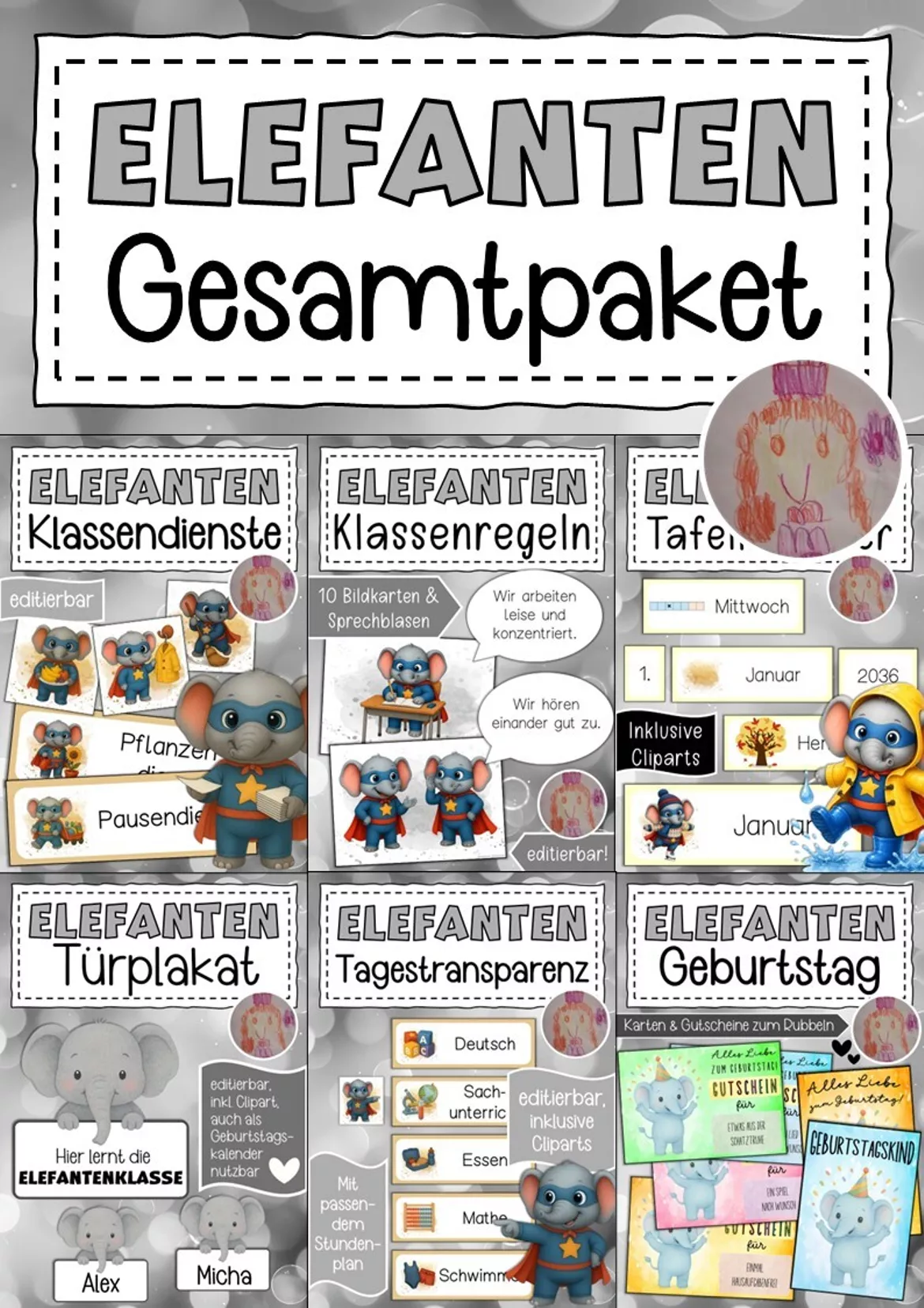 Bild in der Beschreibung des Unterrichtsmaterials Willkommensgruß Klassentier Elefant Regenbogen von Abenteuer Grundschule #1