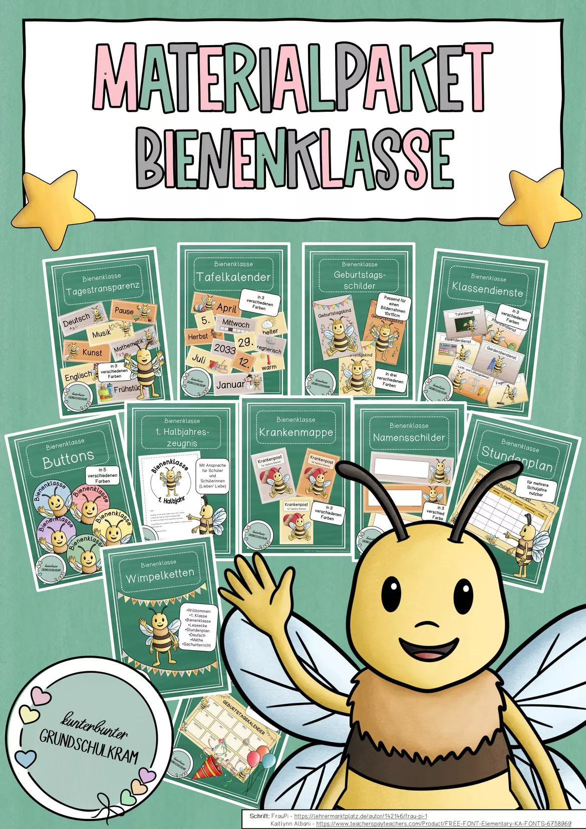 Bild in der Beschreibung des Unterrichtsmaterials Clipart Set Biene – Klassentier Bienenklasse Grundschule | 14 PNG Cliparts (Farbe & Schwarz-Weiß) | Privater Gebrauch von kunterbunter_Grundschulkram #1