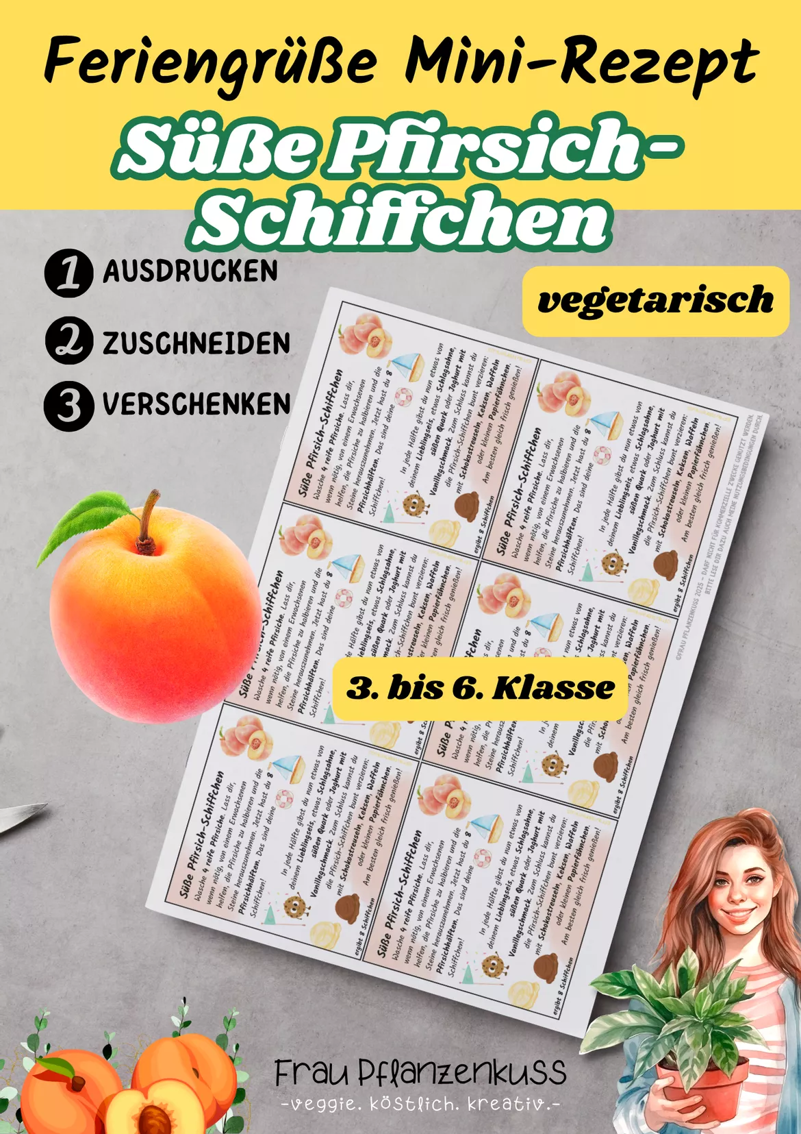 Bild in der Beschreibung des Unterrichtsmaterials Pfirsich-Schiffchen | Mini-Rezeptkarte | vegetarisch | Feriengruß | Klasse 3–6 von Frau Pflanzenkuss #1