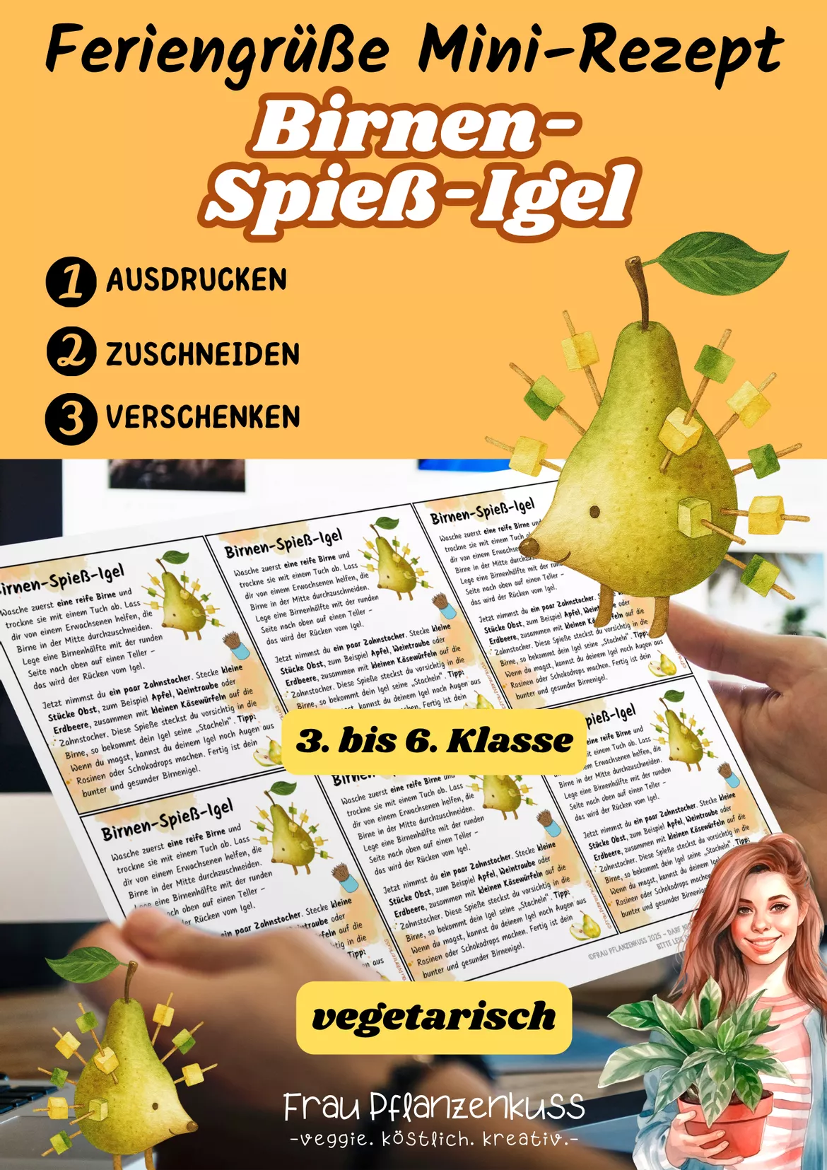 Bild in der Beschreibung des Unterrichtsmaterials Birnen-Spieß-Igel | Mini-Rezeptkarte | vegetarisch | Herbstgruß | Klasse 3–6 von Frau Pflanzenkuss #1