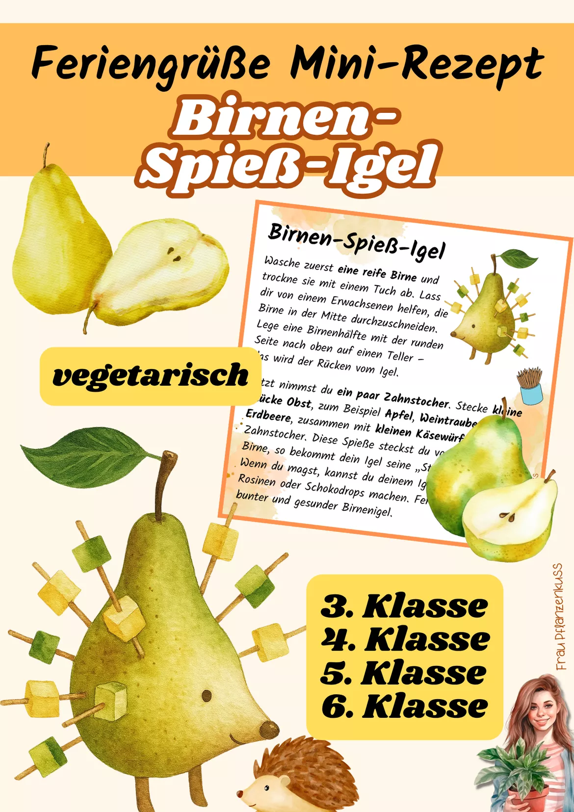 Bild in der Beschreibung des Unterrichtsmaterials Birnen-Spieß-Igel | Mini-Rezeptkarte | vegetarisch | Herbstgruß | Klasse 3–6 von Frau Pflanzenkuss #3