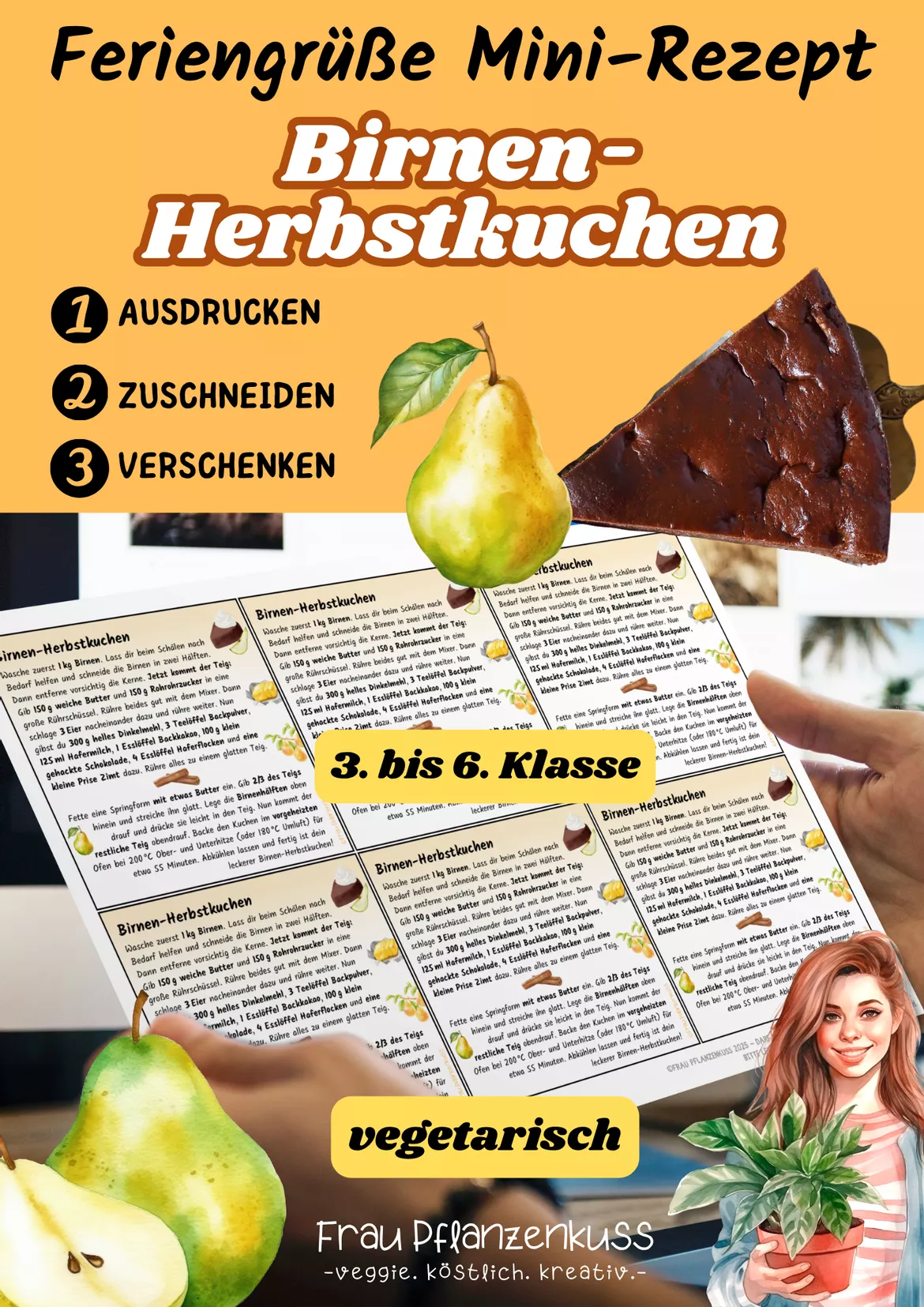 Bild in der Beschreibung des Unterrichtsmaterials Birnen-Herbstkuchen | Mini-Rezeptkarte | vegetarisch | Herbstgruß | Klasse 3–6 von Frau Pflanzenkuss #1