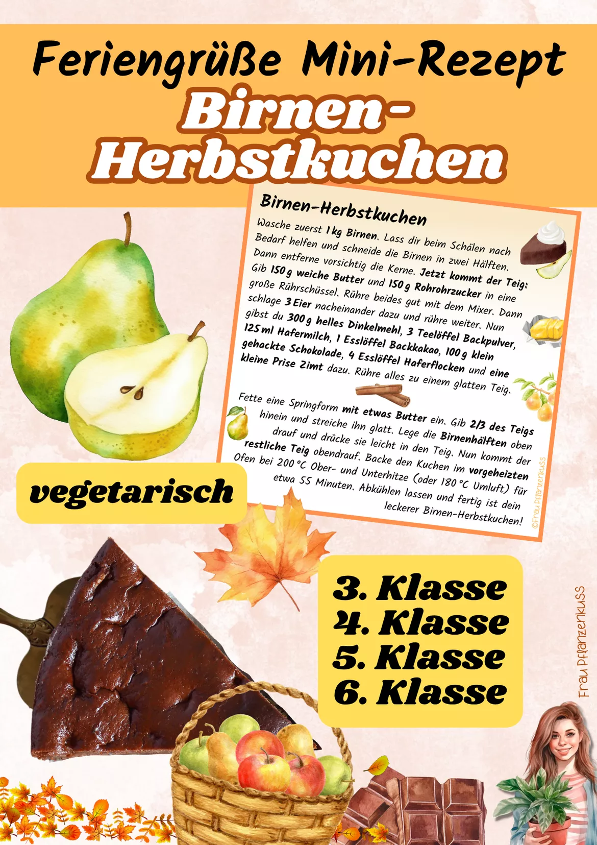 Bild in der Beschreibung des Unterrichtsmaterials Birnen-Herbstkuchen | Mini-Rezeptkarte | vegetarisch | Herbstgruß | Klasse 3–6 von Frau Pflanzenkuss #3
