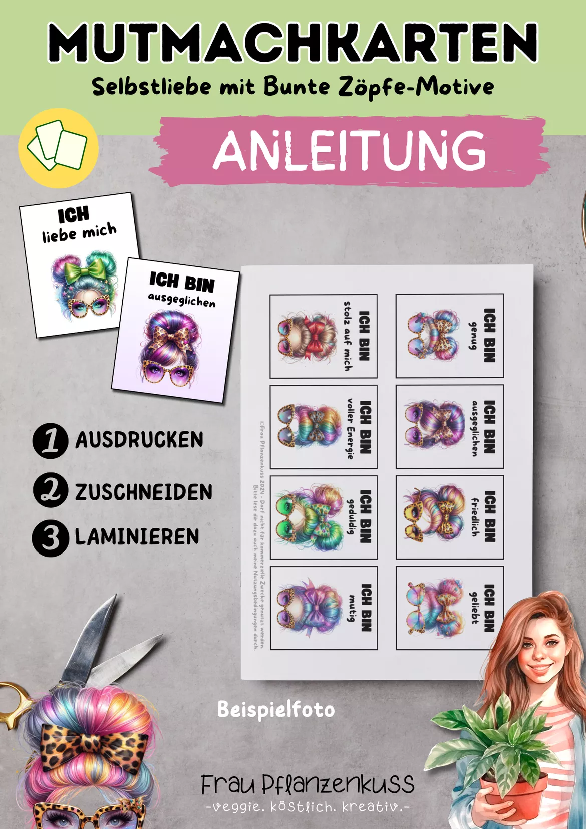 Bild in der Beschreibung des Unterrichtsmaterials Mutmachkarten Selbstliebe | Positive Affirmationen mit bunten Frisuren | Klasse 5–7 von Frau Pflanzenkuss #1