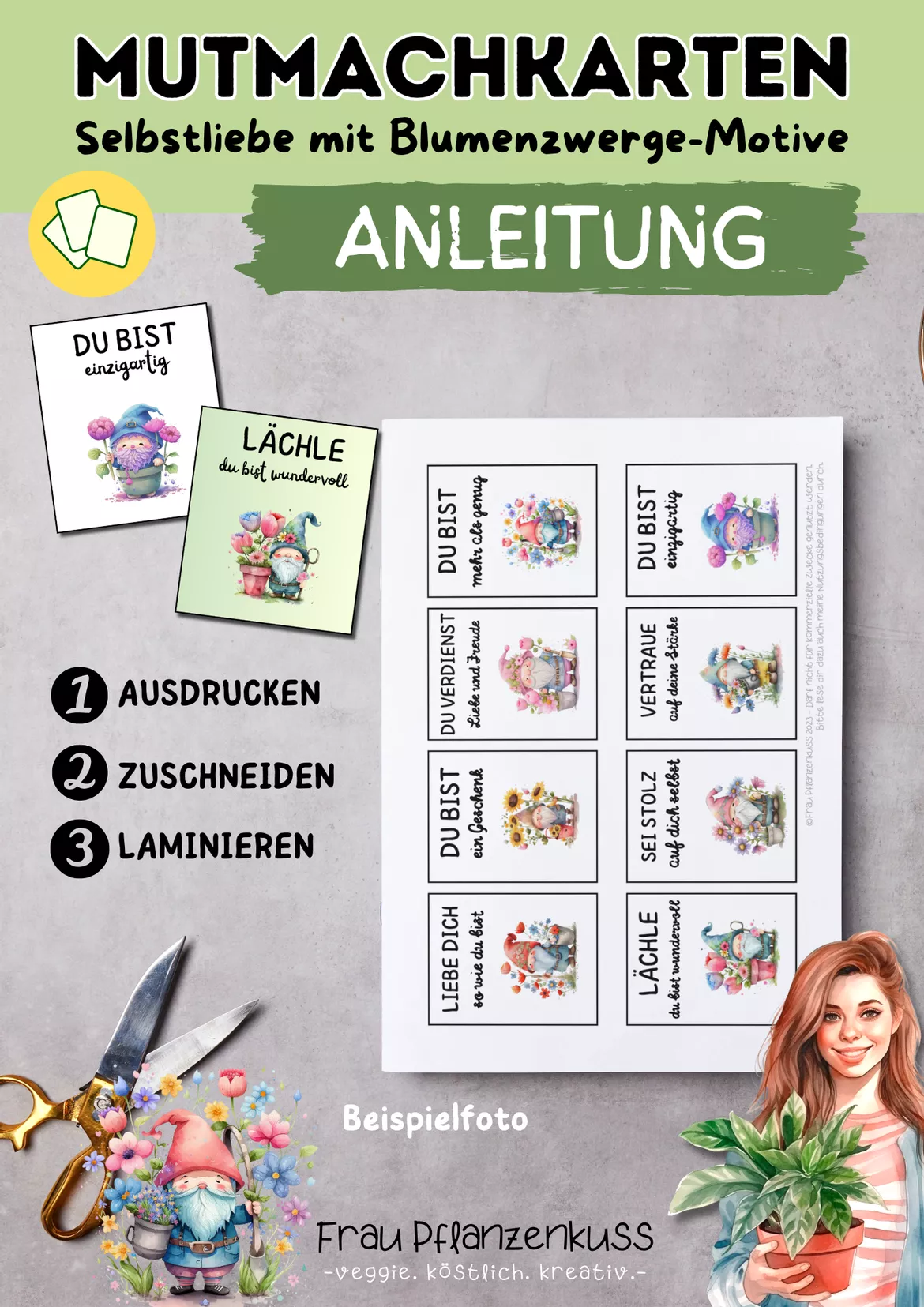 Bild in der Beschreibung des Unterrichtsmaterials Mutmachkarten Blumenzwerge | Positive Affirmationen für mehr Selbstvertrauen | Klasse 5–7 von Frau Pflanzenkuss #1