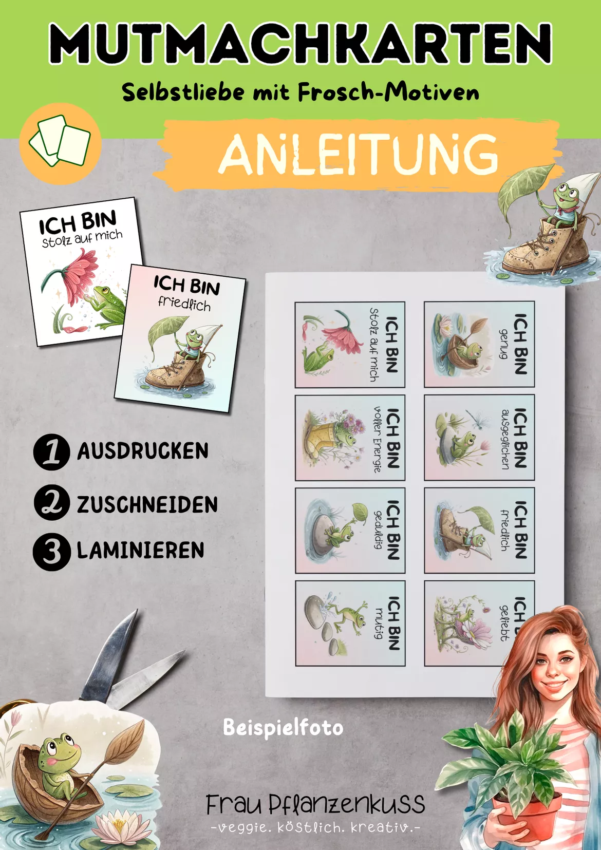 Bild in der Beschreibung des Unterrichtsmaterials Mutmachkarten Achtsamkeit | Positive Affirmationen mit Fröschen | Klasse 3–6 von Frau Pflanzenkuss #1