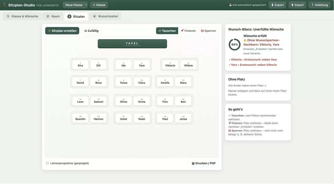 Bild in der Beschreibung des Unterrichtsmaterials Sitzplan Generator: Sitzplan & Sitzordnung in Minuten automatisch erstellen – digitales Lehrertool mit Schülerwünschen, Wunschzettel & Drag-and-drop | Sitzplaner mit Reihen, Gruppentische, U-Form, freier Raumplan von LaPalmaDreams #1