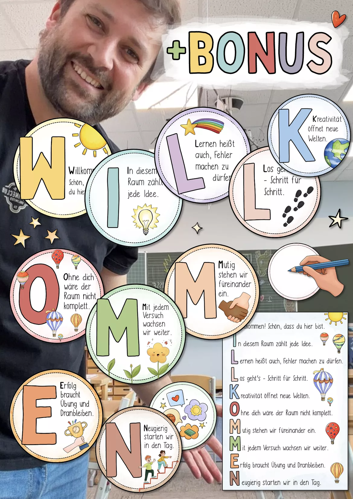 Bild in der Beschreibung des Unterrichtsmaterials Willkommensdeko / Klassenzimmer - Poster Klassenlehrer / Growth Mindset Begrüßungen Willkommen Türdeko Schuljahresanfang von Doodleteacher #3