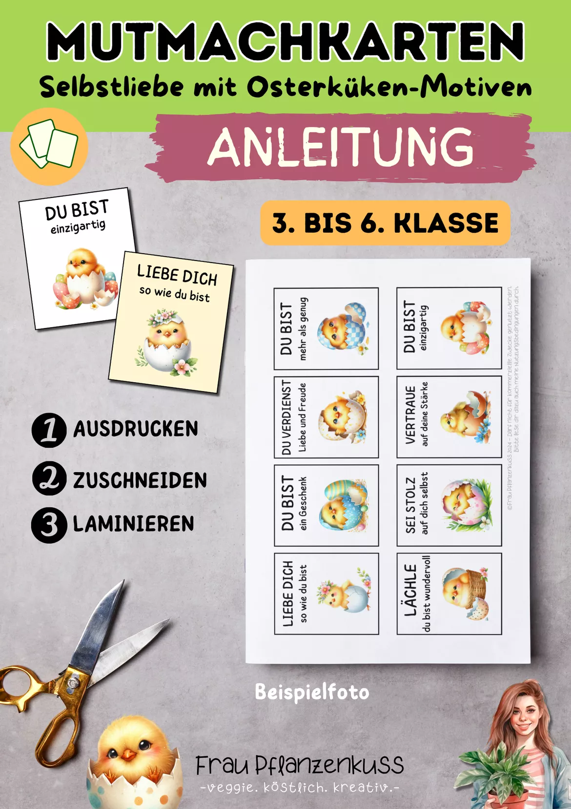 Bild in der Beschreibung des Unterrichtsmaterials Mutmachkarten Osterküken | Positive Affirmationen für Selbstliebe | Klasse 3–6 von Frau Pflanzenkuss #1