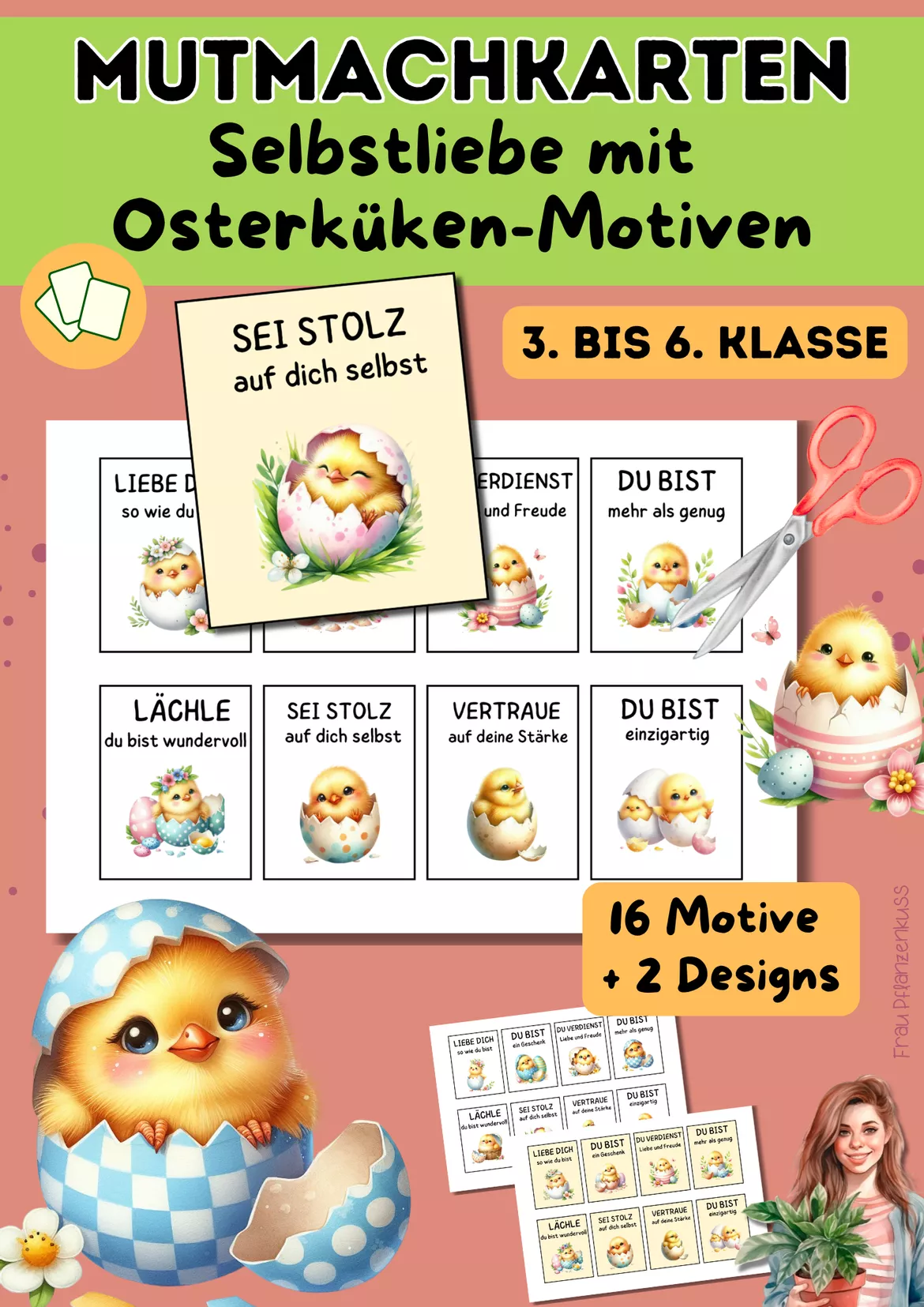 Bild in der Beschreibung des Unterrichtsmaterials Mutmachkarten Osterküken | Positive Affirmationen für Selbstliebe | Klasse 3–6 von Frau Pflanzenkuss #2