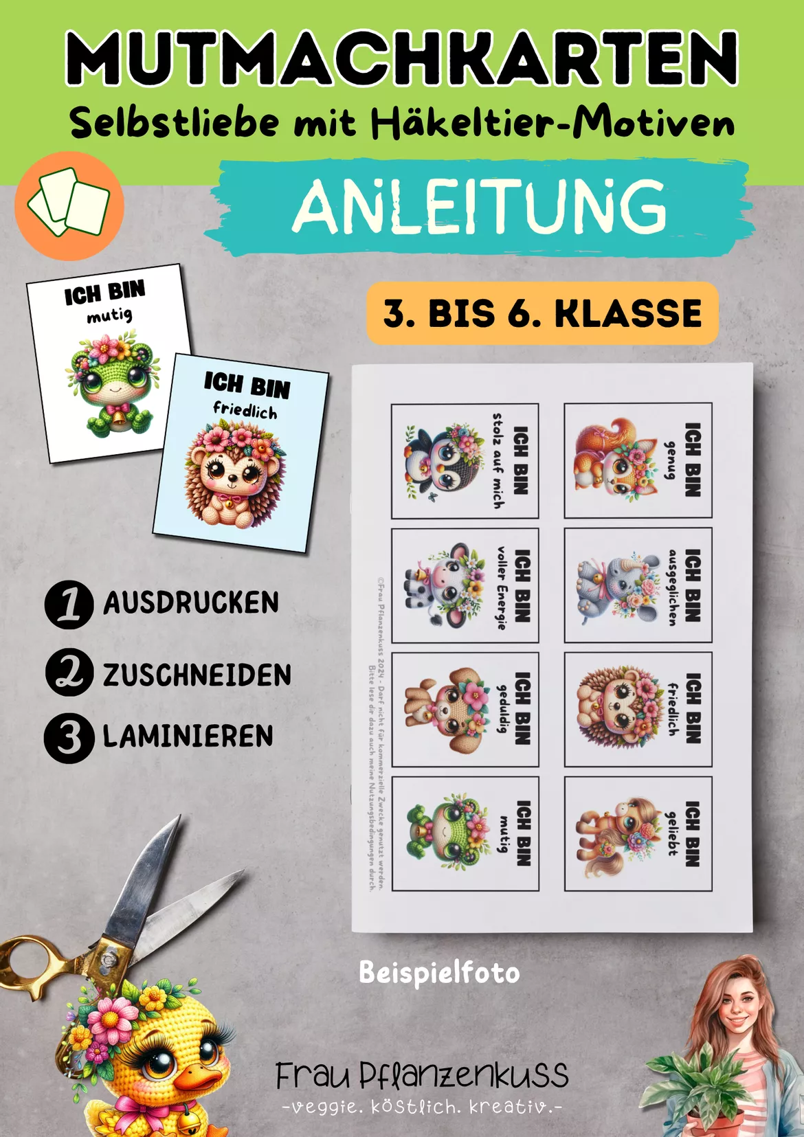 Bild in der Beschreibung des Unterrichtsmaterials DaMutmachkarten Häkeltiere | Positive Affirmationen für Selbstliebe & Selbstvertrauen | Klasse 3–6 von Frau Pflanzenkuss #1