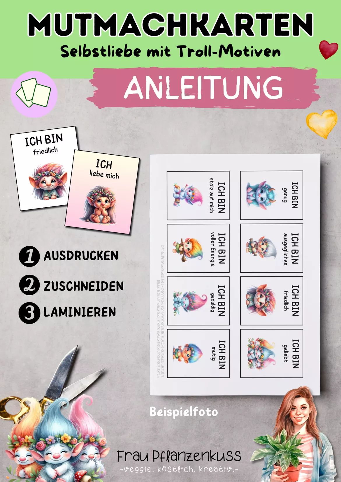 Bild in der Beschreibung des Unterrichtsmaterials Mutmachkarten Trolle | Positive Affirmationen für Mut & Selbstvertrauen | Klasse 1–4 von Frau Pflanzenkuss #1