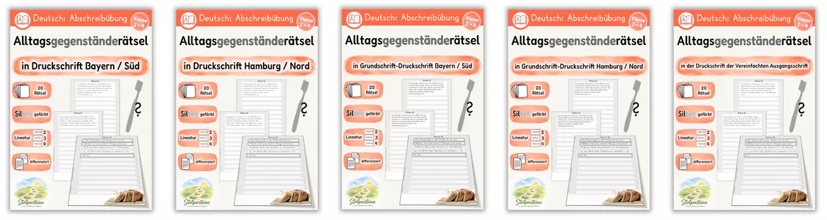 Bild in der Beschreibung des Unterrichtsmaterials Alltagsgegenstände-Rätsel, Abschreibübung in 5 Druckschrift Versionen von Stolpersteine #1