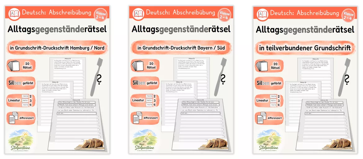 Bild in der Beschreibung des Unterrichtsmaterials Alltagsgegenstände - Rätsel, Abschreibübung in 3 Grundschrift Versionen von Stolpersteine #1