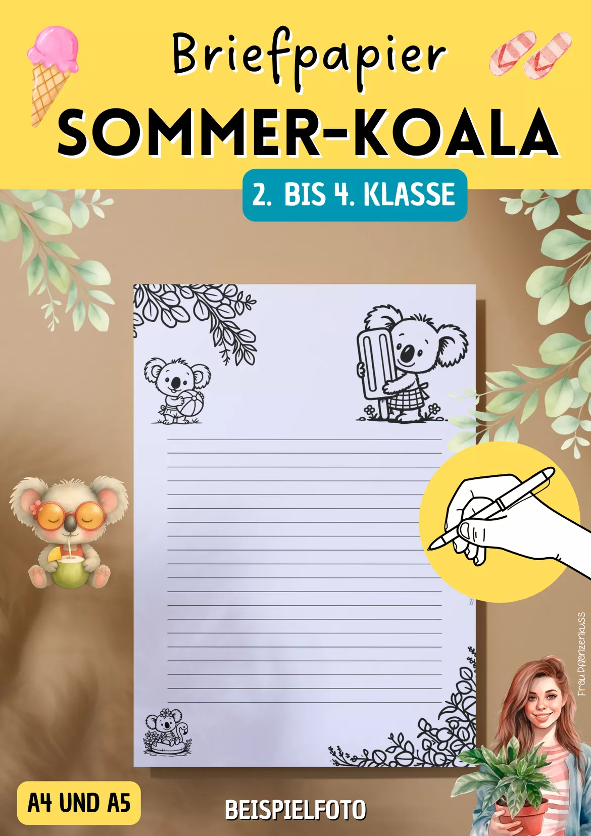 Bild in der Beschreibung des Unterrichtsmaterials Briefpapier Sommer | Koalas | Klasse 2–4 von Frau Pflanzenkuss #2