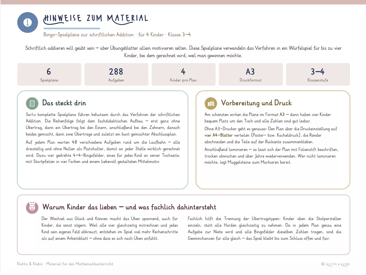 Bild in der Beschreibung des Unterrichtsmaterials Schriftliche Addition: 6x A3 Bingo für 4 Personen, mit und ohne Übertrag von Klettis & Klebis #1