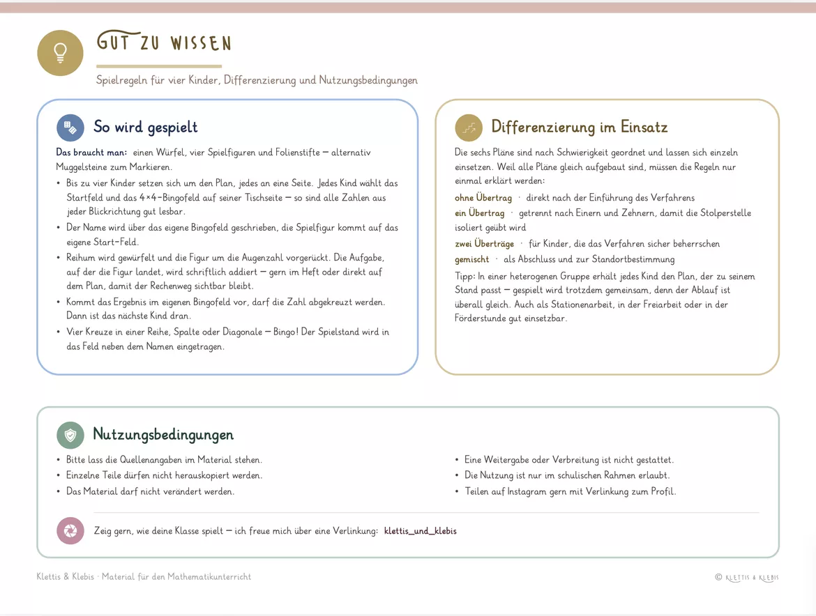 Bild in der Beschreibung des Unterrichtsmaterials Schriftliche Addition: 6x A3 Bingo für 4 Personen, mit und ohne Übertrag von Klettis & Klebis #2