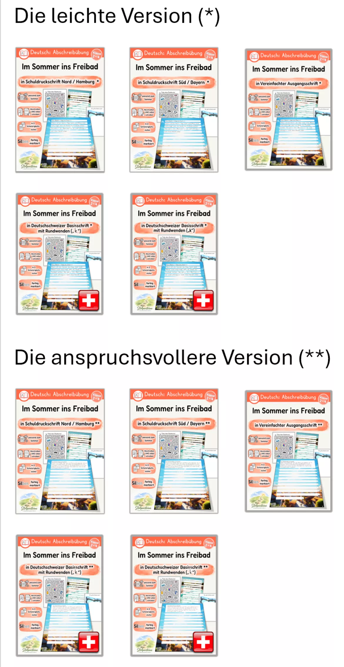 Bild in der Beschreibung des Unterrichtsmaterials Sommer - Abschreibübung "Freibad" in 4 Schul - Druckschriften und in 2 Schwierigkeitsstufen(D-A-CH) von Stolpersteine #1