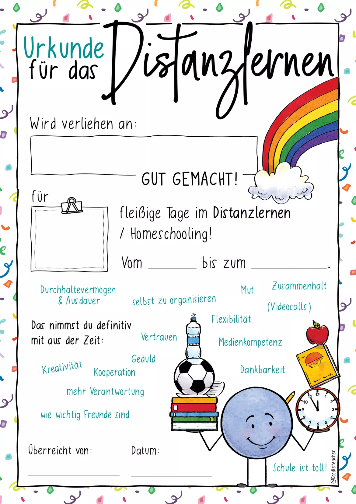 Bild in der Beschreibung des Unterrichtsmaterials Urkunde Distanzlernen / Homeschooling - Schüler & Eltern von Doodleteacher #2