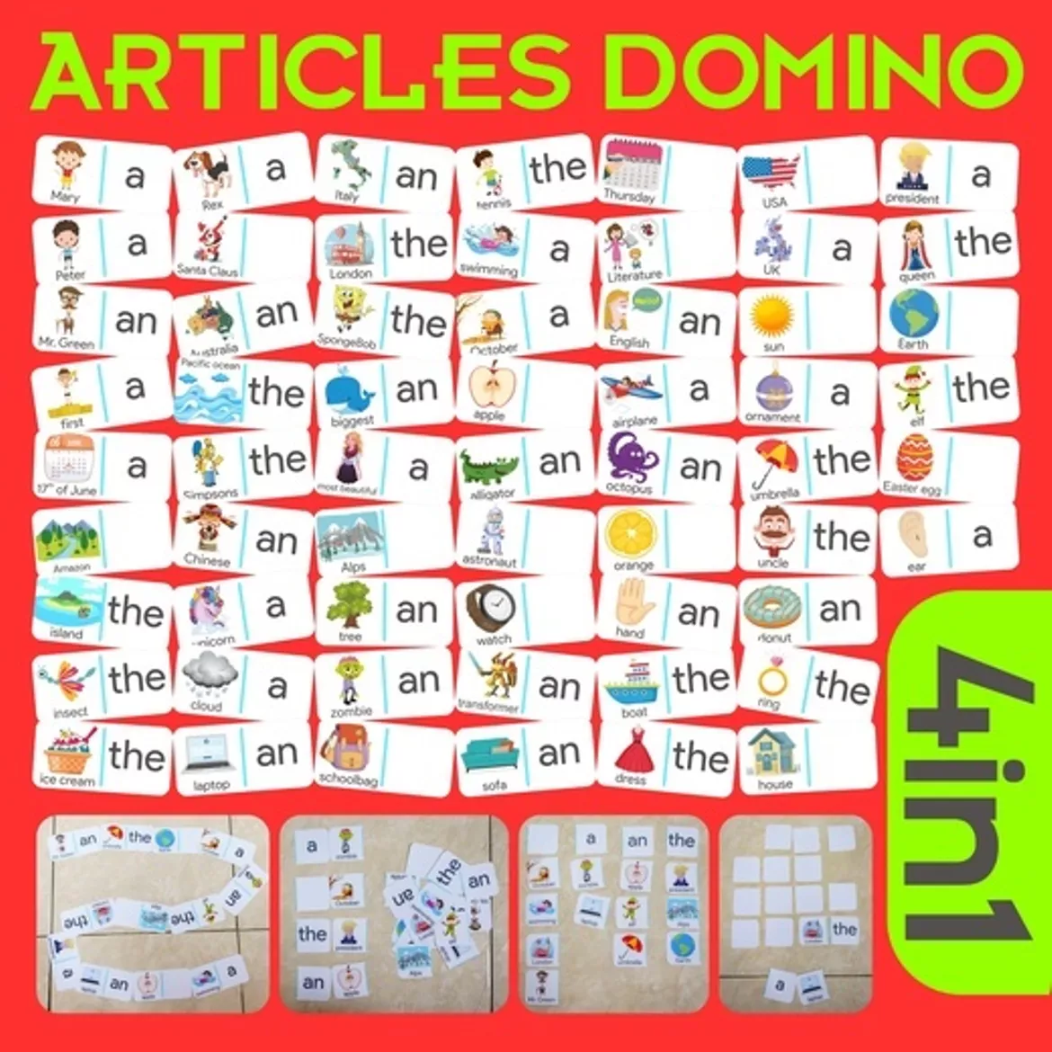 Bild in der Beschreibung des Unterrichtsmaterials Articles domino 4in1 von Language Stuff #1