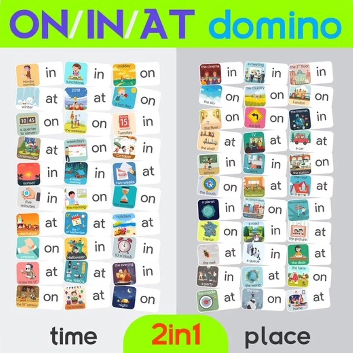 Bild in der Beschreibung des Unterrichtsmaterials ON/IN/AT (Prepositions) Domino 2in1 von Language Stuff #1