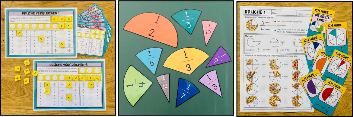 Bild in der Beschreibung des Unterrichtsmaterials Brüche 5. Klasse, Bruchrechnen Übungen, Brüche kürzen und erweitern, Brüche vergleichen, ordnen, addieren, subtrahieren, multiplizieren, dividieren, gemischte Zahlen, Mathe Arbeitsblätter | Materialpaket von Unterrichtmitspass #3